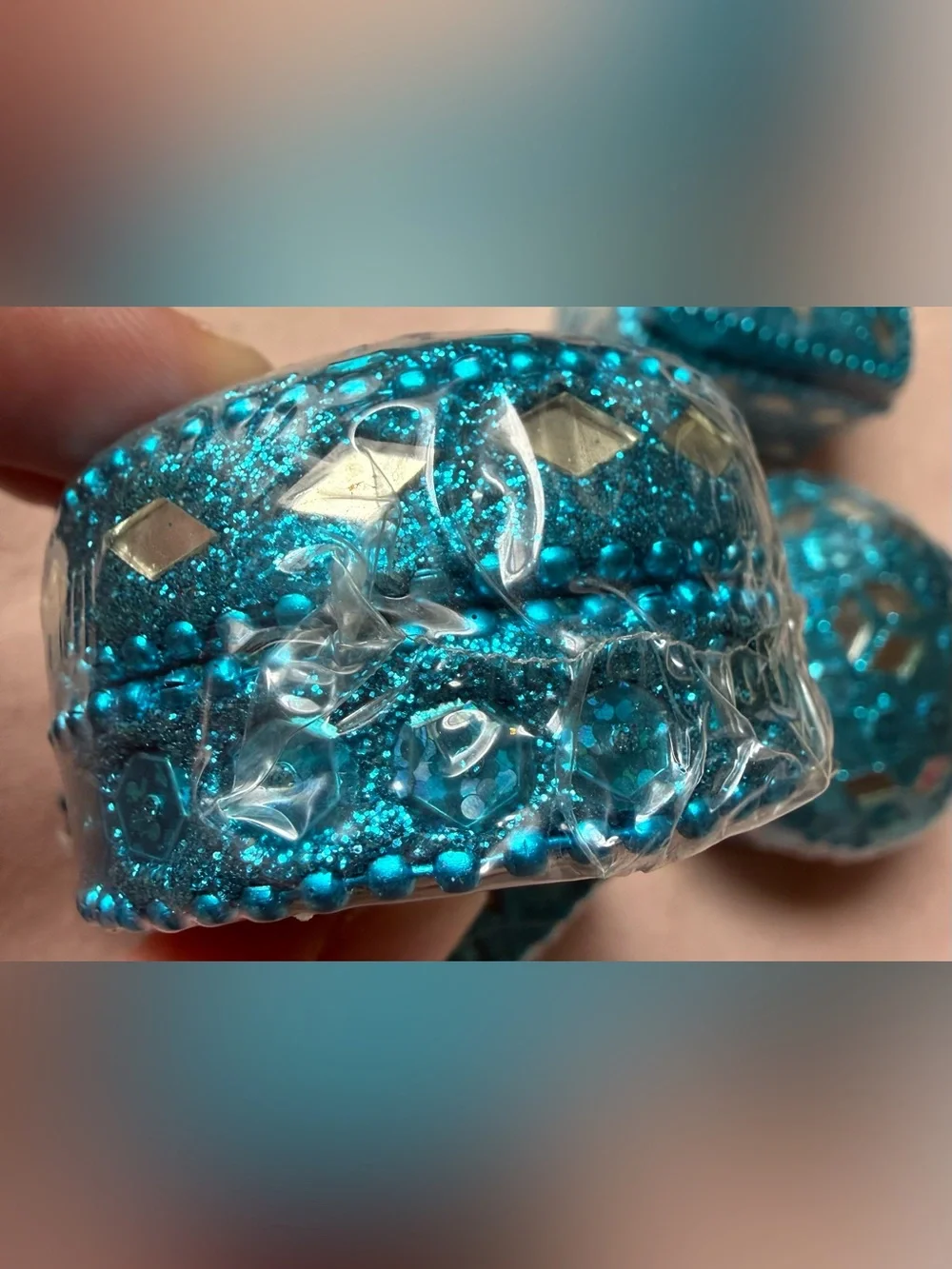 Lot of 4 Vintage Teal Blue Glitter Pill Medicine Trinket Box Mosaic Sequins
